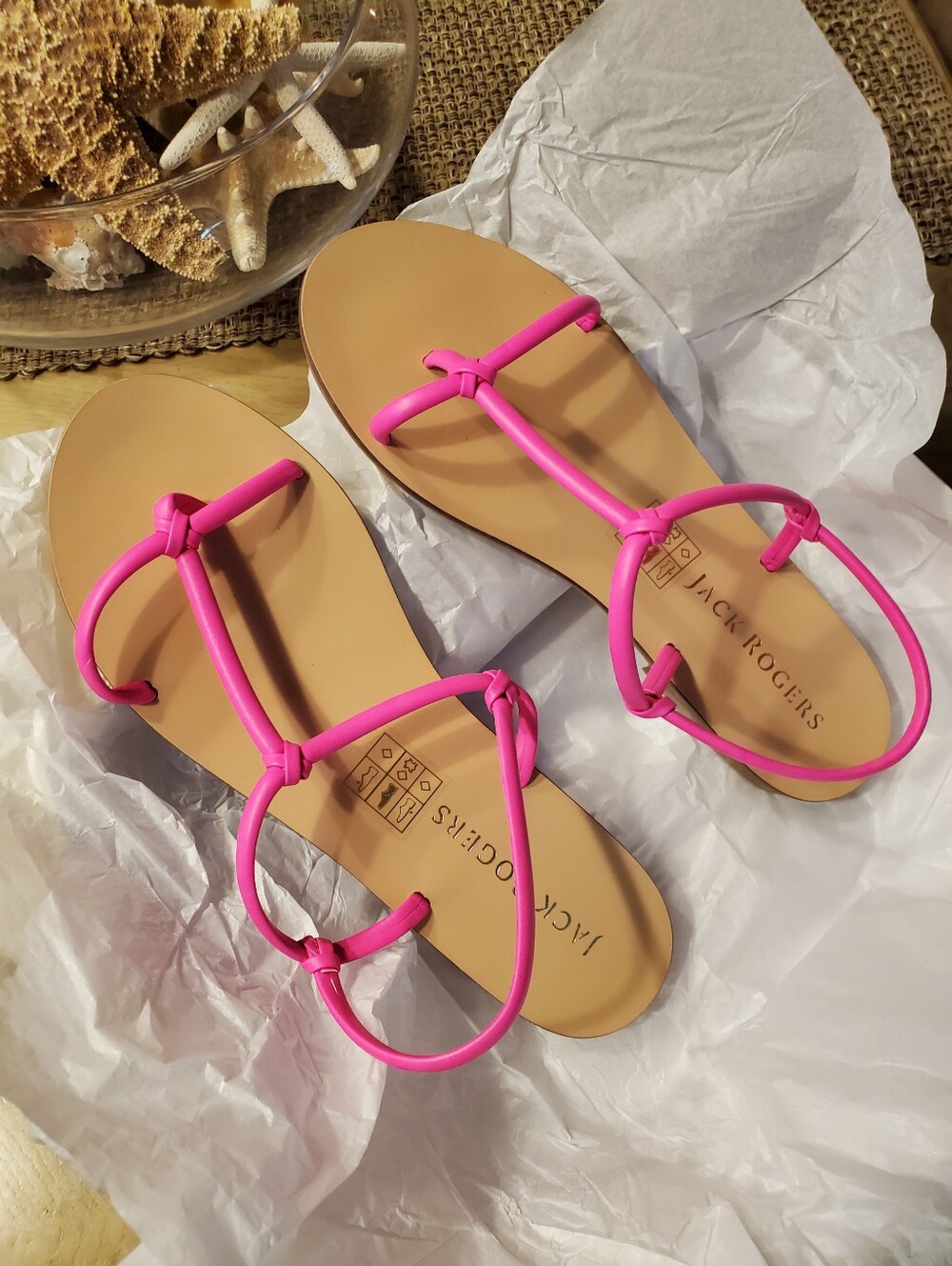 Jack Rogers Neon Pink T-Strap Leather Sandals 9.5